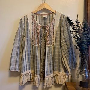Striped Embroidered Linen Cardigan